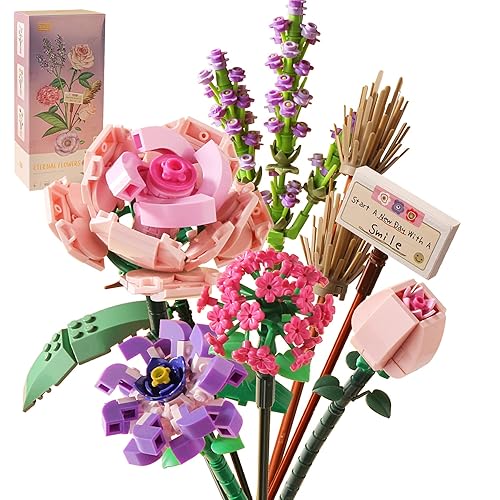 ZIYOSTAR Mini Bricks Flower Bouquet Building Sets, Artificial Flowers, DIY Unique Decoration Home, 547 Pieces Botanical Collection for Ages 8-12 yrs Old Girl for Gift (Not Compatible with Lego Set) - Pink Roses