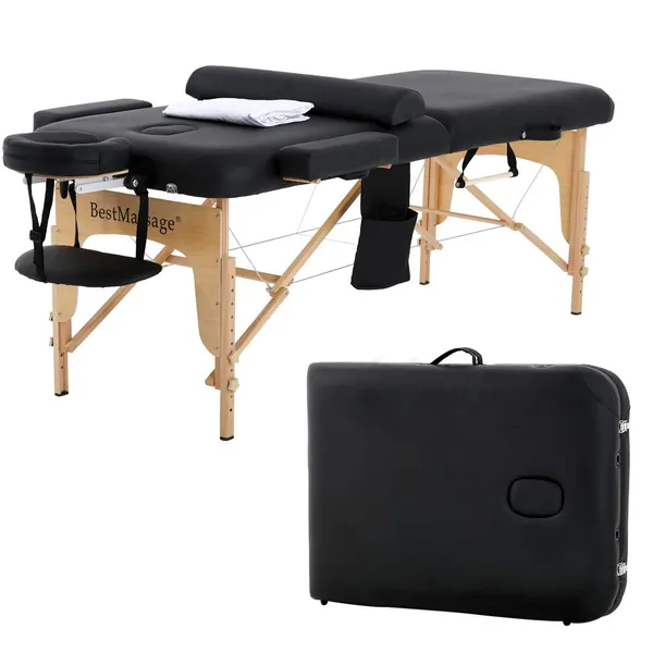 Massage Table Massage Bed SPA Bed 2 Fold Massage Table Heigh Adjustable 73’’ Long PU Portable Salon Bed W/Half Bolsters Sheets Carry Case - Black
