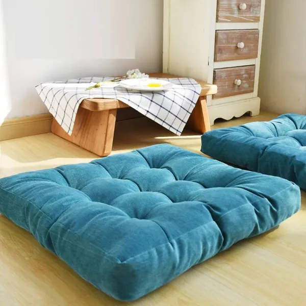 HIGOGOGO Thicken Tufted Cushion, Solid Square Seat Cushion Corduroy Chair Pad Pillow Seat Soft Tatami Floor Cushion for Yoga Meditation Living Room Balcony Office Outdoor, Turquoise, 22x22 Inch