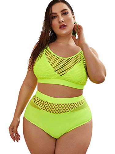 Floerns Women's Plus Size Bathing Suit Fishnet High Waist Bikini Set Rave Outfit - Large - B Neon Green