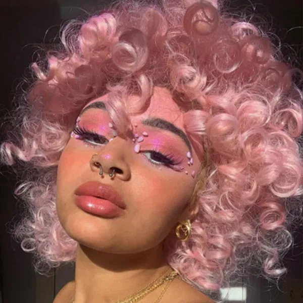 Andromeda Pink Curly Wigs for Black Women Soft Short Kinky Curly Wig with Bangs Afro African American Heat Resistant Synthetic Hair Wig for Women Halloween Cosplay Party Wigs (Pink)