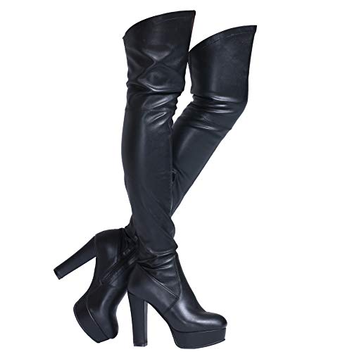 Shoe'N Tale Women Stretch Suede Chunky Heel Thigh High Over The Knee Boots - 9.5 - Black Pu-platform