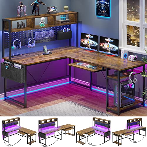 SEDETA L Shaped Computer Desk, Reversible Corner Desk with Power Outlet and Pegboard, Computer Desk with Led Lights, Keyboard Tray, Headphone Hook and Storage Shelves, Rustic Brown - Rustic Brown With Power Outlet and Pegboard