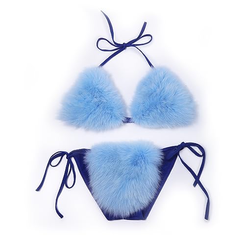 ZOSCGJMY Women's Faux Fur Halter String Triangle Bikini Sets Two Piece Swimsuits - One Size - Light Blue