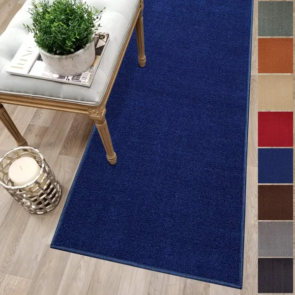 Custom Size Blue Solid Plain Rubber Backed Non-Slip Hallway Stair Runner Rug Carpet 22 inch Wide Choose Your Length 22in X 7ft