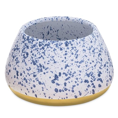 Navaris Ceramic Dog Bowl - Water & Food Bowl for Dogs with Long Ears Cocker Spaniel Beagle Bassett Hound - No Spill Pet Bowl - White w/Blue Speckles - White-Blue-Yellow