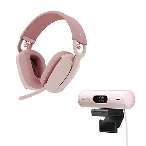 Logitech Brio 500 Full HD webcam and Zone Vibe 100 wireless headphones with noise-cancelling mic, works with Microsoft Teams, Google Meet, Zoom, Mac/PC - Rose - Pink - Webcam + Headset