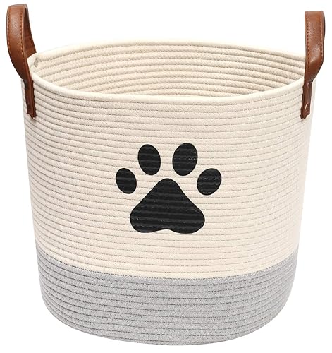 Xbopetda Round Cotton Rope Storage Basket, Dog Toys Storage Bins with Leather Handle, Laundry Basket Toy Storage Organizer (Beige/Grey) - Beige/Grey