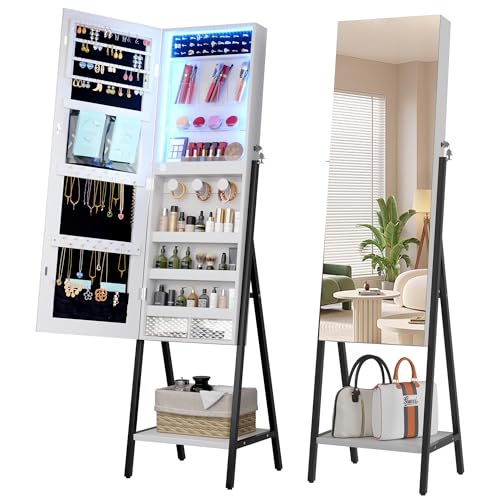 LVSOMT 3 LEDs Mirror Jewelry Cabinet, 42.5" Jewelry Mirror with Full Length Mirror, Standing Jewelry Mirror Armoire, Mirror with Storage for Jewelry Cosmetics, White - White
