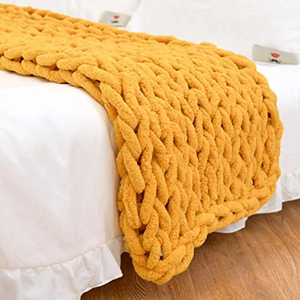 Strickdecke, Grob Gestrickte Wolldecke, Super Große Klobige Stricken Handgewebte Decke für Haustier Bett Stuhl Sofa (Kurkuma,120x150cm)