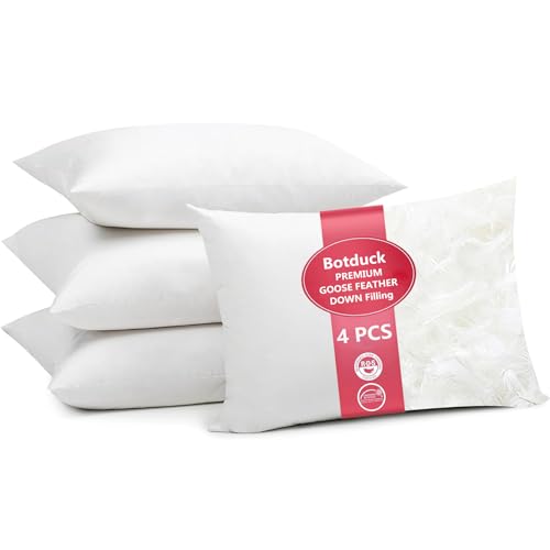 Botduck Goose Down Feather Pillows Standard Size Set of 4 Pack Hotel Collection Bed Pillow for Sleeping Medium Firm Support for Side Stomach & Back Sleepers, 20x26 Inch - Standard(Set of 4)