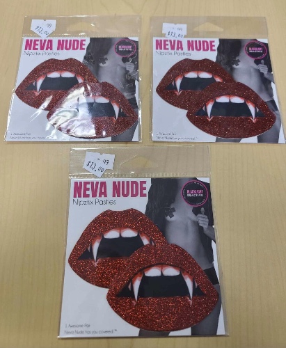 LOT OF THREE - Neva Nude Nipztix Pasties Vampire Lips Teeth Cosplay Costume