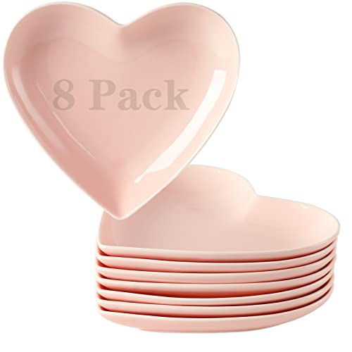 TAMAYKIM 7.5 Inch Porcelain Dinner Plates, Heart Shaped Dessert Plates, Appetizer Plates, Small Dinnerware Plates, Restaurant Dishes, Microwave, Oven & Dishwasher Safe, Pink, Set of 8 - Pink