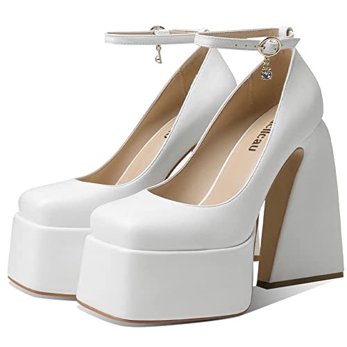 Uacllcau Women's Platform Chunky Heel Pumps for Women Sexy Square Toe Ankle Rhinestones Strap Party High Heels Fashion Hot Pumps… - 8 - White Pu