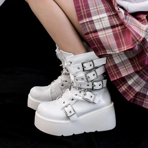 Cyber Punk Babydoll Booties for Edgy Alternative Fashion - All White Buckles / 9