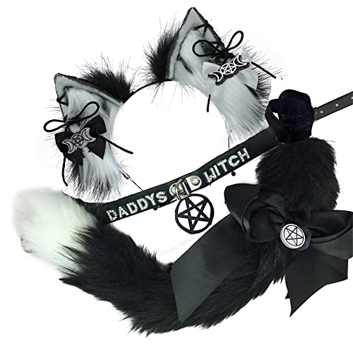 VIGVAN Animal Cosplay Wolf Ears and Tail Fox Cat Ears Tail Raccoon Cosplay Tail (ETC Blackwhite) - ETC BlackWhite