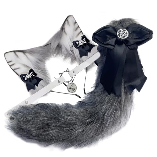 VIGVAN Animal Cosplay Wolf Ears and Tail Fox Cat Ears Tail Raccoon Cosplay Tail (ETC Gray Black) - Etc Gray Black