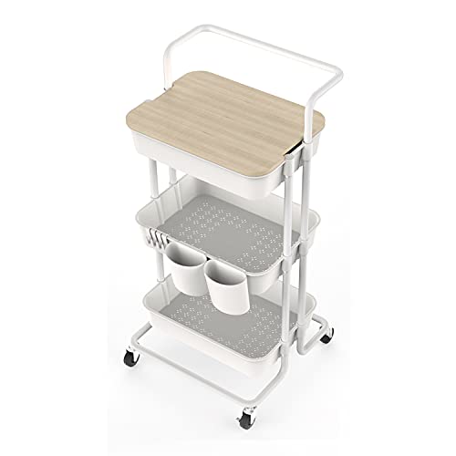 DTK 3 Tier Utility Rolling Cart with Cover Board, Storage Cart with Handle and Locking Wheels Kitchen Cart with 2 Small Baskets and 4 Hooks for Bathroom Office Balcony Living Room(White) - White