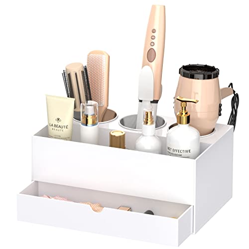 NIUBEE Hair Tool Organizer, White Acrylic Hair Dryer and Styling Organizer with Drawer, Bathroom Countertop Blow Dryer Holder, Vanity Caddy Storage Stand for Accessories, Makeup, Toiletries - Drawer - White