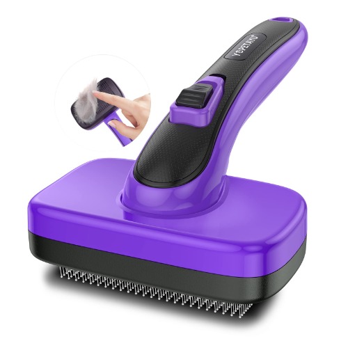 Pet Self Cleaning Slicker Brush for Shedding & Grooming Long Short Haired Dogs, Cats Retractable Brush for Large and Small . Gently Removes Loose Undercoat, Mats Tangled Hair from Pet's Coat - Purple - Purple