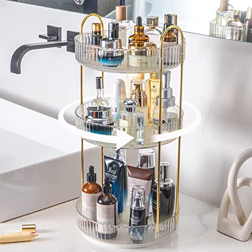 shuang qing Rotating Makeup Organizer for Vanity 3 Tier, High-Capacity Skincare Clear Make Up Storage Perfume Organizers Cosmetic Dresser Organizer Countertop 360 Spinning （Transparent white） - Lvory White - 3 Tier