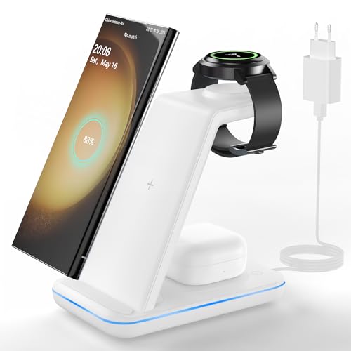 JoyGeek 3 in 1 Induktive Ladestation für Samsung, Wireless Charger für Samsung S24/S23/S22/S21/Z Flip/Fold, Induktionsladegerät für Galaxy Watch 6/5/4, Kabelloses Ladegerät für Galaxy Buds-Weiß - 3 in 1-EU - Weiß