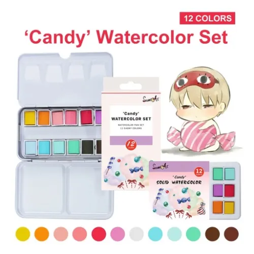 SeamiArt 12 colors Tin Box Solid Watercolor Candy Color Water Color Paint 