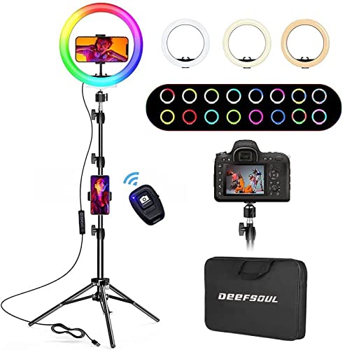 Ring Light Professionnel, DEEFSOUL Anneau Lumineux avec trépied avec 35 Modes RGB, 3 Effets Lumineux, 10 Luminosité Réglable pour TikTok,Selfie,Vlog,Youtube,Live Stream - RGB