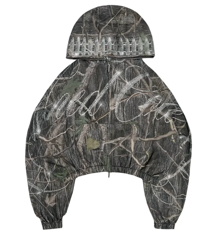 ENEMY RHINESTONE CROP ZIP HOODIE TREE CAMO