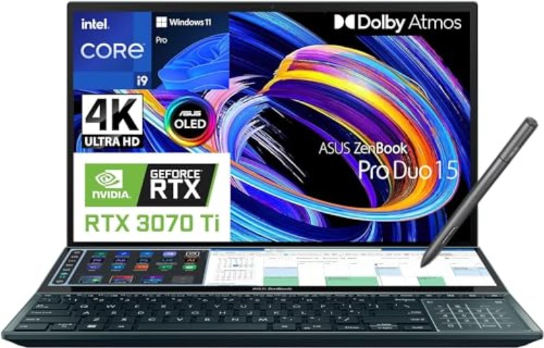 ASUS Zenbook Pro Duo 15 OLED Laptop, Intel Core i9-12900H, GeForce RTX 3070 Ti, 15.6" 4K UHD Touchscreen, 32GB LPDDR5 RAM, 4TB SSD, ScreenPad Plus, Pen, Wi-Fi 6, IR Camera, Win 11 Pro, Celestial Blue