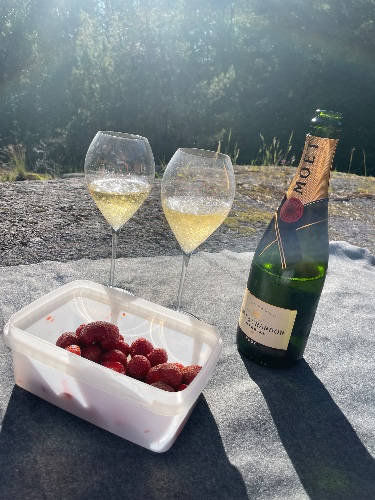 Bottle of champagne and strawberries
