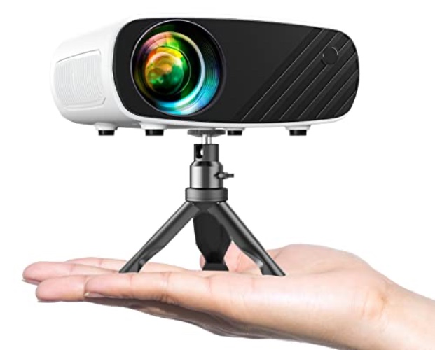 Mini Projector for iPhone, ELEPHAS 2023 Upgraded 1080P HD Projector, 8000L Portable Projector with Tripod and Carry Bag, Movie Projector Compatible with Android/iOS/Windows/TV Stick/HDMI/USB - WhiteBlack