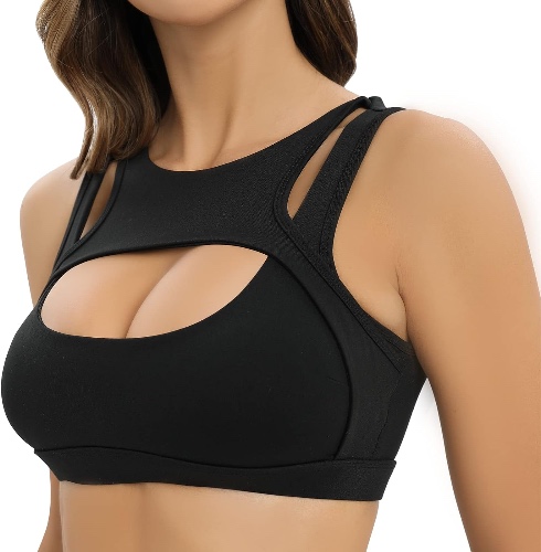 Push Up Sports Bra for Women Padded Sexy Hollow Yoga Bra Cut Out Workout Crop Top Medium Support - Black Large