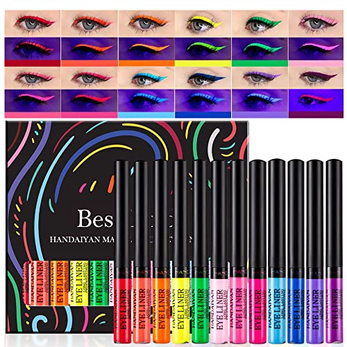BestLand 12 Colors Matte Liquid Eyeliner Set UV Glow Rainbow Colorful Neon Eyeliner Pencil Pigmented Waterproof Smudgeproof Long Lasting Gel Eye Liner Eye Makeup Gift Kit for Women (Set C) - Set C