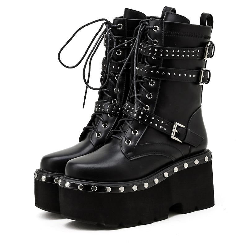 'Cataclysmic' Black Alt Goth Studded Boots - black shoes / 10 / China