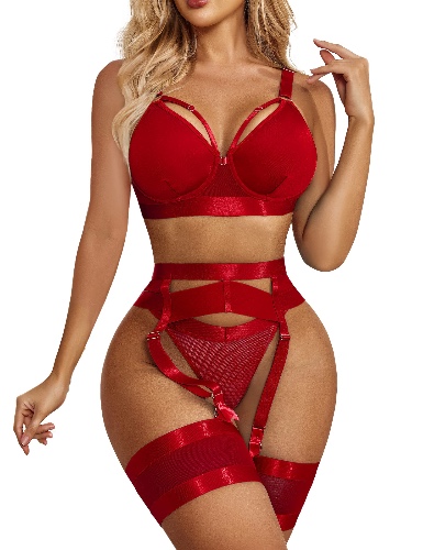 Avidlove Sexy Lingerie Set for Women with Underwire Strappy Lingerie Push Up 5 Piece Lingerie Set with Garter - Burgundy X-Large