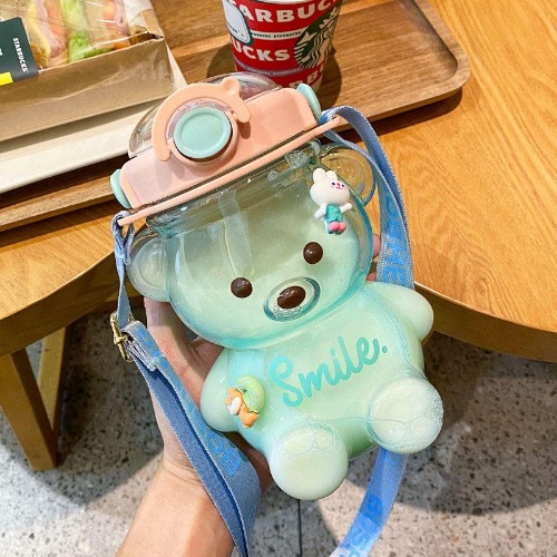 Kawaii Bear Water Bottle,Cute Water Bottle with Straw and Stickers,BPA Free,Leak-Proof,Novelty Drinking Bottle with Adjustable Shoulder Strap for Kids Girls Travel School Office (1000ml)