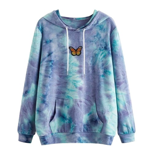 Sweatshirts for Women Autumn Winter Women's Butterfly Printing Sweatshirt Casual Ladies Round Neck Tie-Dye Loose Hoodie Long Sleeves Drawstring Tunic Blouse Hooded Top