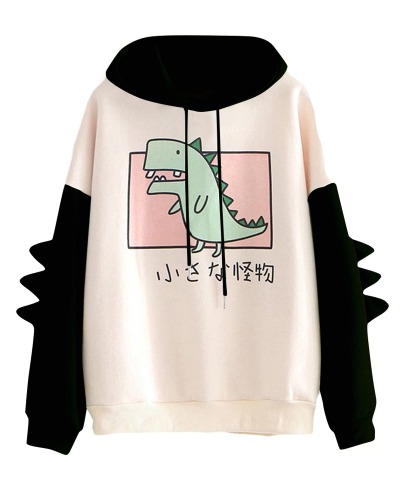 Women Dinosaur Hoodie Long Sleeve Splice Cartoon Cute Sweatshirt Teens Girls Casual Pullover Girls Anime Cosplay Jumper Sweater