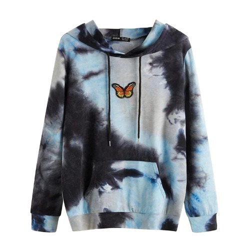 Sweatshirts for Women Autumn Winter Women's Butterfly Printing Sweatshirt Casual Ladies Round Neck Tie-Dye Loose Hoodie Long Sleeves Drawstring Tunic Blouse Hooded Top