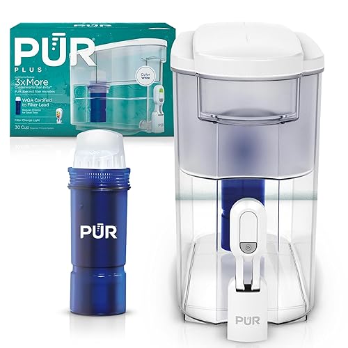 PUR PLUS 30-Cup Water Filter Dispenser with 1 Lead-Reducing PUR PLUS Filter, Dishwasher Safe, Powerful Filtration, Large Capacity with Slim, Space-Saving Design, White (DS1811Z) - PUR PLUS Lead Reducing Filter - White