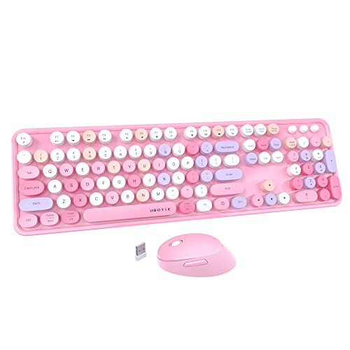UBOTIE Colorful Computer Wireless Keyboard Mice Combo, Retro Typewriter Flexible Keys Office Full-Sized Keyboard, 2.4GHz Dropout-Free Connection and Optical Mouse (Pink-Colorful) - Pink-colorful