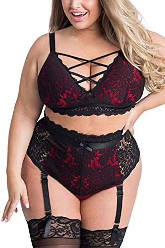 EVELUST Plus Size Lingerie for Women - Sexy Luxe Criss-cross Bra Lace Cup Classic Underwear High Waisted Suspender Set - X-Large - Black Red