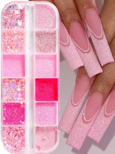 12 Grids Pink Nail Glitter Sequins, Summer Neon Sugar Nail Art Powder 3D Holographic Sandy Flakes Decorations For Manicure