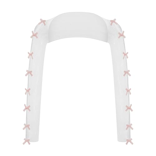 Women Long Sleeve Lace Shrug with Thumb Hole, Open Front Cut Out Bow Bolero Fishnet Shawl Arm Sleeves Cardigan - White Pink - One Size