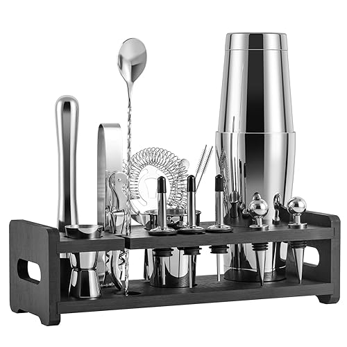 Soing 24-Piece Cocktail Shaker Set,Perfect Home Bartender Kit for Drink Mixing,Stainless Steel Bar Tools with Stand,Velvet Carry Bag & Recipes Cards Included (Silver) - Silver