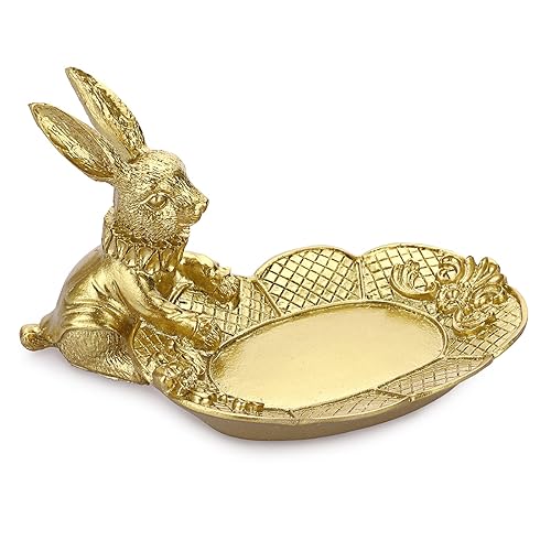 ELLDOO Golden Easter Bunny Figurine, Jewelry Ring Tray Trinket Holder Decorative Serving Tray Small Rabbit Statue Cute Ornament, Animal Sculpture Collectible Figurine Home Decor - Seated Rabbit