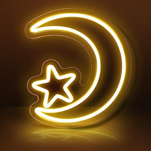Moon Star Neon Sign Wall Decor, Lumipallas Moon LED Neon Lights Acrylic Dimmable 2700K Warm Light for Bedroom, USB Powered 3D Art Neon Sign Light Wedding Bar Party, Gift for Kids Children Girl
