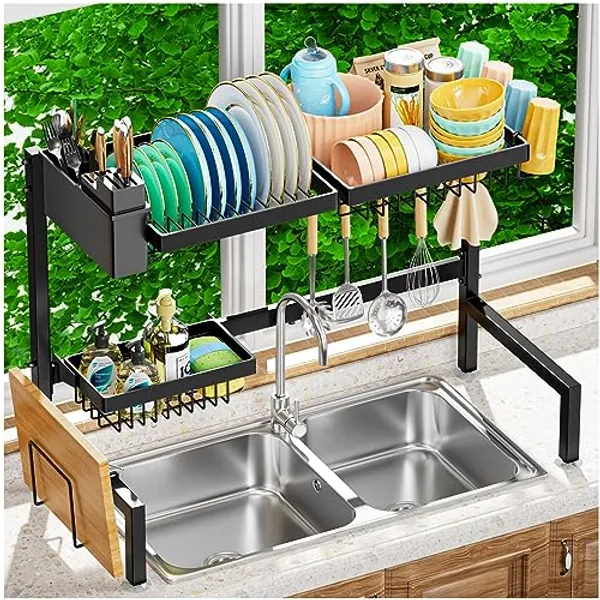 YKLSLH Over The Sink Dish Drying Rack, for All Sinks (24.8"-35.4"), Expandable Large Capacity Sink Rack, Metal Drying Rack for Kitchen and Family Use