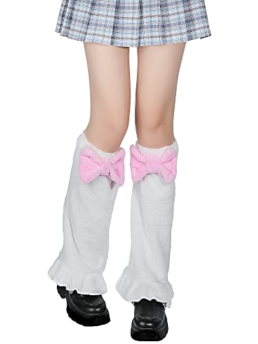 SATINIOR Kawaii Leg Warmer Fuzzy Fluffy Socks with Bow Cartoon Cosplay Leg Warmer Over the Knee Socks for Women Girls - White and Pink